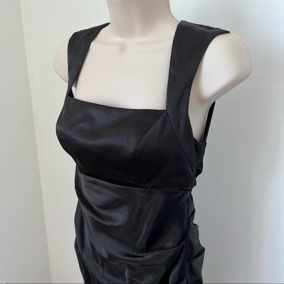 Hailey Adrianna Papell black satin dress zipper back cut out mini LBD ruched 7/8 - Picture 5 of 12